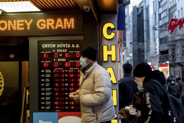 Istanbul, Turkey. December 18th 2021 A currency exchange office during an economic crisis in Turkey with rising inflation and the Turkish lira depreciating at record rates against the Dollar and Euro