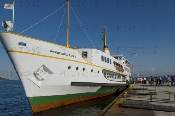 Buyukada Island, Istanbul, Turkey. August 19th 2014 Turkish ferry boarding passengers for the journey to Istanbul from the Princess Islands known in Turkey as the Adalar