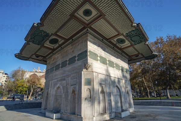 Istanbul, Turkey. 10th November 2022. The recently restored 18th Century Tophane Public Water Fountain, built by Ottoman Sultan Mahmud, beautiful Ottoman Rocco Architecture close to Galata Port, Beyoglu, Istanbul, Turkey