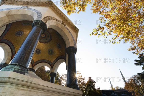 Istanbul, Turkey 10th November 2022 The German Fountain, a water fountain in the neo-Byzantine gazebo style with octagonal gold mosaic dome and marble columns beside the Blue Mosque, Istanbul, Turkey