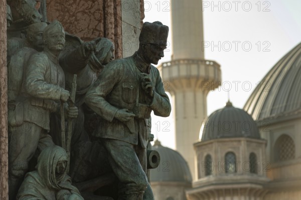 Istanbul, Turkey 10th November 2022 Turkish Republic Monument or Ataturk Statue and the recently built Taksim Mosque opposite Gezi Park close to Istiklal Street in Istanbul, Turkey