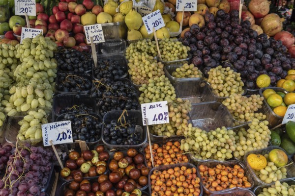 Istanbul, Turkey October 22nd 2021 Fruit for sale outside a grocery shop in Istanbul displaying prices currently being affected by rising inflation rates in Turkey
