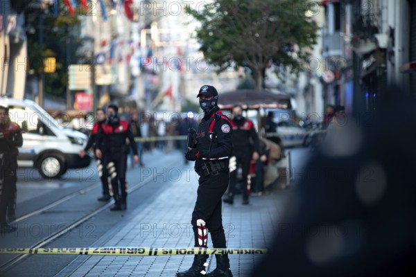 Istanbul, Turkey. 13th November 2022 Armed Turkish motorcycle police cordon off Istiklal Street near Taksim Square, Istanbul Turkey after a terrorist bomb attack