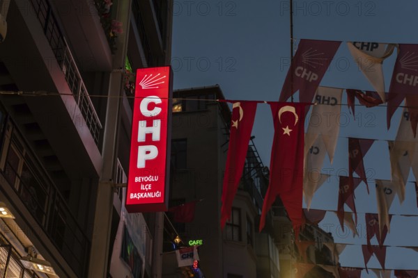 Istanbul, Turkey. October 5th 2021 Illuminated sign for the Beyoglu office of the CHP political party in Istiklal Street, Istanbul, Turkey