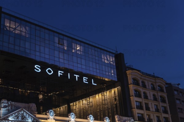 Istanbul Turkey. October 18th 2021 The modern facade of the Istanbul Sofitel Hotel in the center of busy shopping and nightlife district of the European side of the city