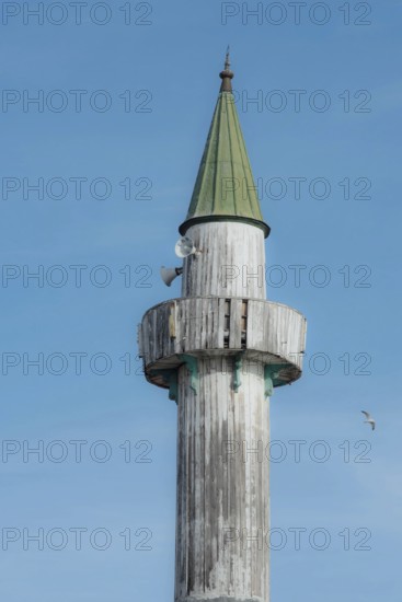 Istanbul, Turkey. 29th November 2020 Simple wooden minaret of old Turkish mosque, the call to prayer in Turkey