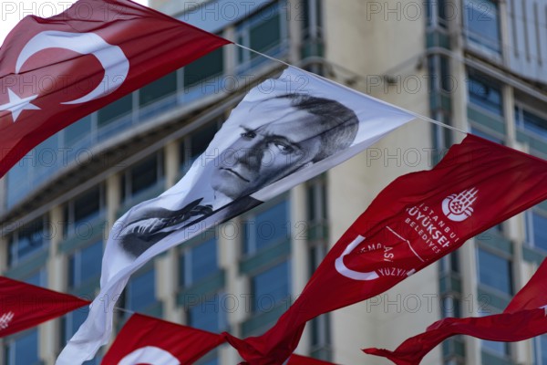 Istanbul, Turkey. November 22nd 2023 Banner with a portrait of Mustafa Kemal Ataturk, on the 100th anniversary of the founding of the modern republic of Turkey