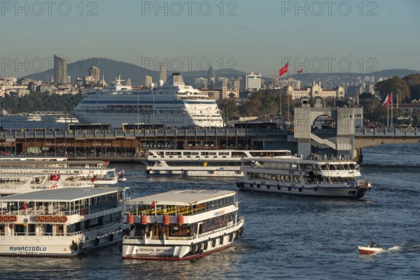 Istanbul, Turkey. November 14th 2023 A cruise liner carrying tourists moored at the entrance to the Bosporus and Sea of Marmara, near the Golden Horn, Istanbul, Turkey