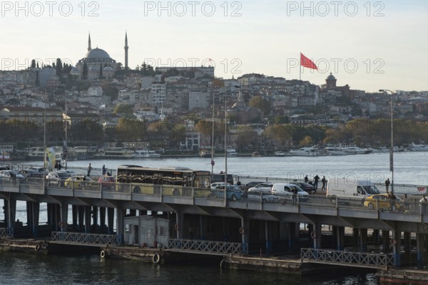 Istanbul, Turkey. November 14th 2023 Heavy traffic crossing a road bridge over the Golden Horn or Halic on the European side of Istanbul, largest city in Turkey