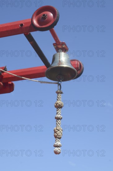 Bell on ladder on veteran fire truck in Ystad, Skåne County, Sweden, Scandinavia