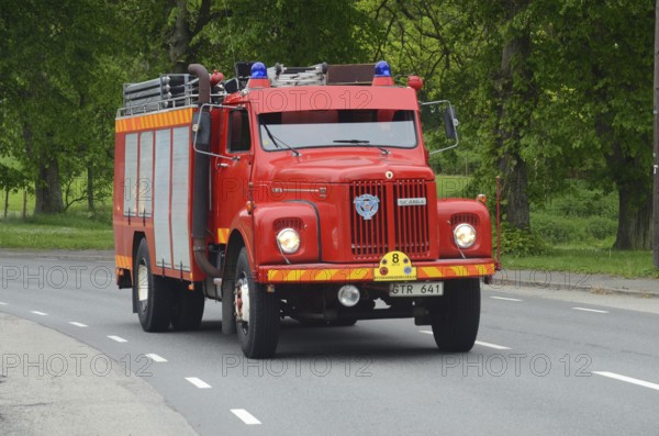 Scania veteran fire truck built in 1974 at fire truck rally in Ystad, Skåne County, Sweden, Scandinavia