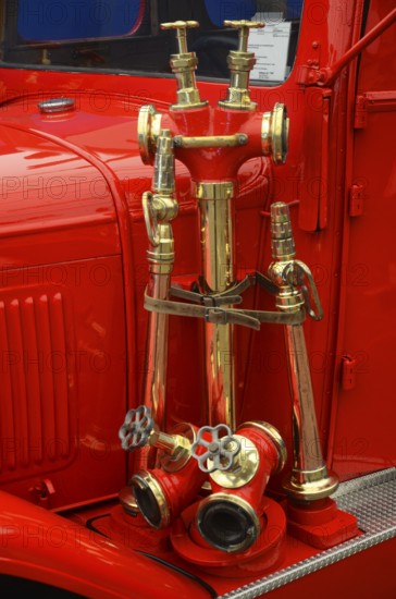 Nozzles on veteran fire truck in Ystad, Skåne County, Sweden, Scandinavia