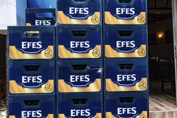 Istanbul, Turkey. September 21st 2021 Crates of Turkish Effes Beer stacked outside a Taksim Pub, Istanbul, Turkey