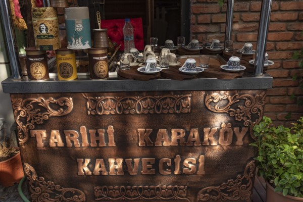 Istanbul, Turkey. August 18th 2021 Historical Turkish Coffee Cart Cafes, Bars and Restaurants in the up and coming trendy Karakoy neighbourhood near Galata port on the European side of Istanbul, Turkey