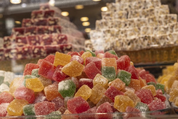 August 2nd 2021 Istanbul, Turkey Turkish Delight in a Shop Window Cafes, Bars and Restaurants in the up and coming trendy Karakoy neighbourhood near Galata port on the European side of Istanbul, Turkey