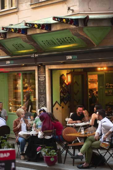 Istanbul, Turkey. June 7th 2019 Café culture in the pretty side streets of Istanbul's Pera district close to the Galata Tower, Turkey