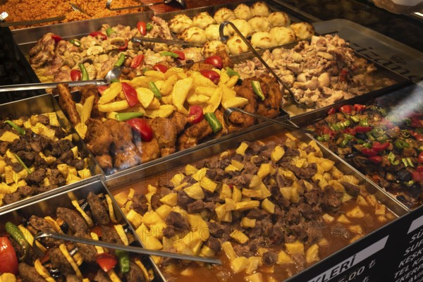 Istanbul, Turkey. August 3rd 2021 Trays of Mixed Traditional Turkish Food inside a Typical Turkish Lokanta, Istanbul, Turkey