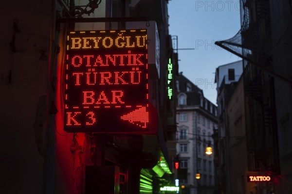Istanbul, Turkey. October 18th 2021 Illuminated sign for a traditional Turku Bar in the entertainment district of Taksim Square, the centre of nightlife and cafe culture in Istanbul, Turkey