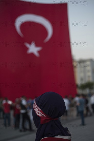 Istanbul, Turkey, July 17th 2016 Turkish Muslim Tayip Erdogan supporter at a pro Akp rally after an attempted coup. Istanbul Turkey