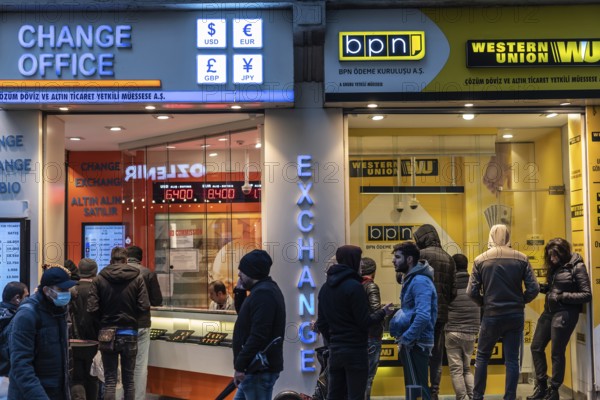 Istanbul, Turkey. December 18th 2021 A currency exchange office during an economic crisis in Turkey with rising inflation and the Turkish lira depreciating at record rates against the Dollar and Euro