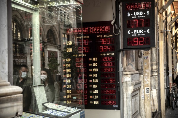 Istanbul, Turkey. November 28th 2020 A Currency exchange office on Istiklal Street, Istanbul. Turkey is currently dealing with both a volatile economic crisis and rise in Covid-19 infection rates