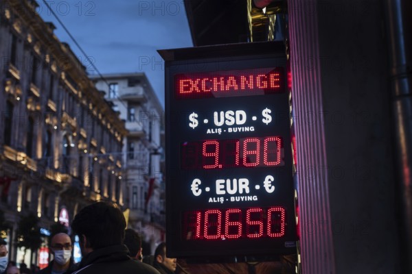 Istanbul, Turkey. October 18th 2021 Illuminated sign showing the Turkish Lira currency exchange rate with the Dollar and Euro near Taksim Square, Istanbul, Turkey