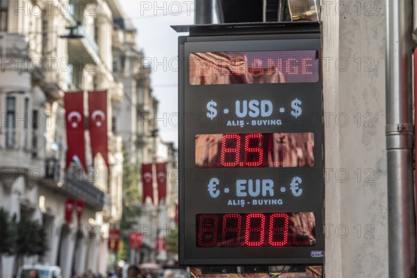 Istanbul, Turkey. September 18th 2021 Turkish currency exchange office long Istiklal Street, Taksim Square, Istanbul, Turkey