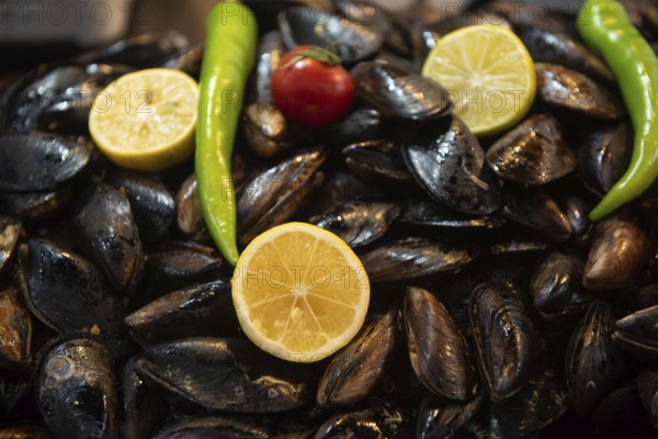 Istanbul, Turkey. November 30th 2020 Midye, Traditional Turkish stuffed mussels for sale on a street stall in Istiklal Street, Istanbul, Turkey