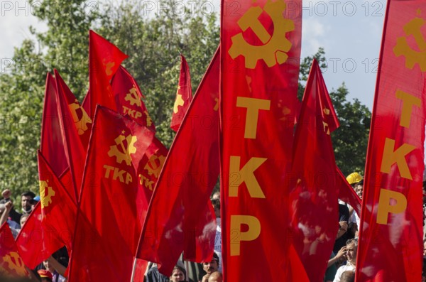 Istanbul, Turkey. June 2nd 2013 Flags for the Turkish Communist Party flying during the protests at Gezi Park, Istanbul, Turkey