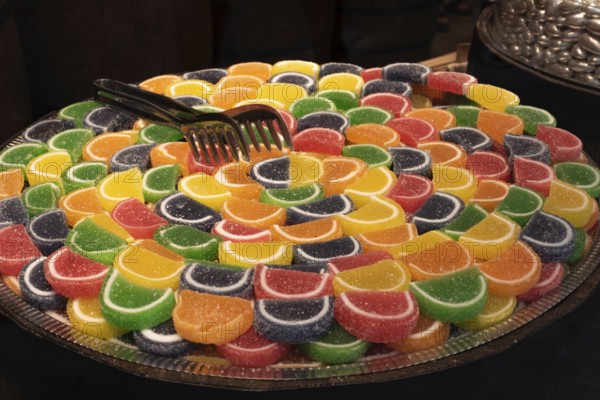 August 2nd 2021 Istanbul, Turkey Turkish Candy in a Shop Window Cafes, Bars and Restaurants in the up and coming trendy Karakoy neighbourhood near Galata port on the European side of Istanbul, Turkey