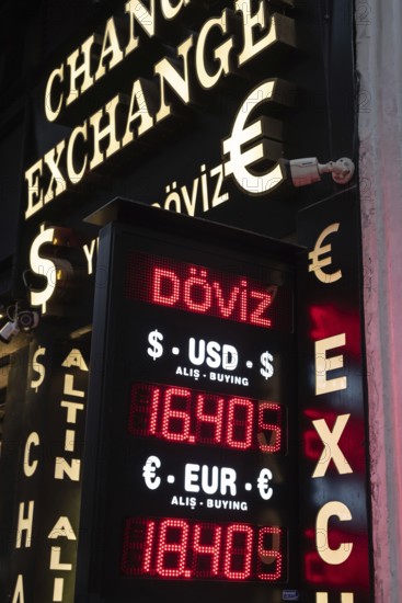 Istanbul, Turkey. December 18th 2021 A currency exchange office during an economic crisis in Turkey with rising inflation and the Turkish lira depreciating at record rates against the Dollar and Euro