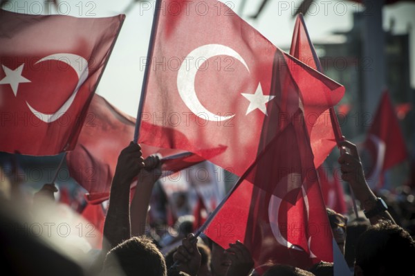 Taksim Square, Istanbul, Turkey. July 24th 2016 Turkish flag waving supporters after the Akp government prevented an attempted coup
