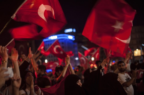 Istanbul, Turkey. July 19th 2016 Turkish pro government supporters in Taksim square waving flags celebrating a failed attempted coup on July 15th