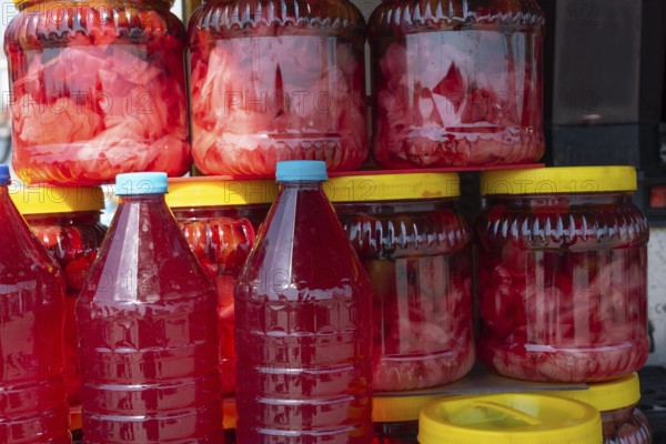 August 2nd 2021 Istanbul, Turkey Traditional Turkish Pickle Juice for sale at a street vendors stall beside the Golden Horn, Istanbul, Turkey