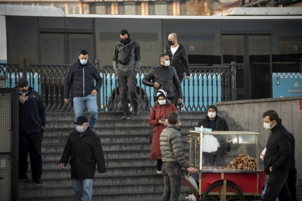 Istanbul, Turkey. November 28th 2020 Turkish commuters in the Fatih district of Istanbul wearing compulsory face masks during the Corona pandemic