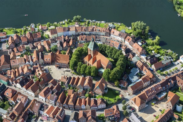 Mölln, old town, old town center, architecture, trees, building, Christianity, St. Nicholas church, aerial view, water, religion, faith, church, Schleswig-Holstein, Germany