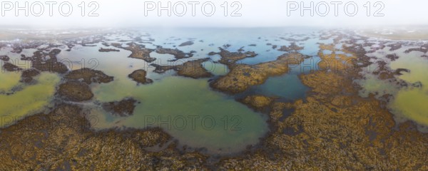 Discover the tranquil beauty of Icelandic wetlands, captured from above in early autumn The mist shrouds the landscape, revealing intricate patterns of water and vegetation