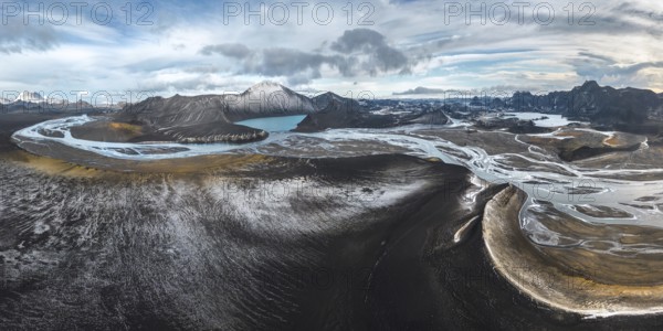 This stunning panoramic view captures the vast, dramatic landscapes of Iceland's Highlands, showcasing winding rivers and rugged terrain beneath a dynamic sky