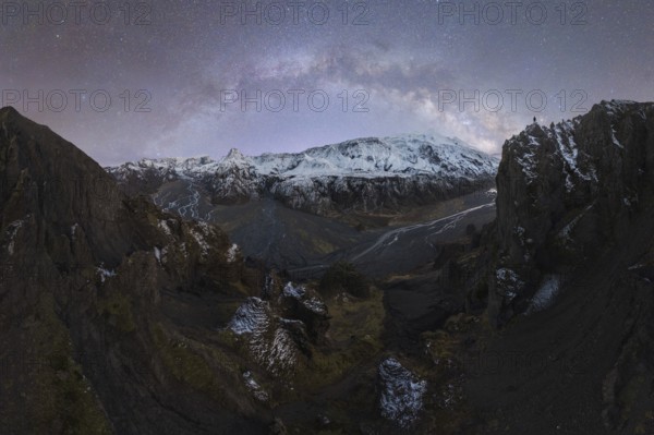 View of Icelandic peaks under a starry night, with the Milky Way arching over the snowy landscape Rugged terrain and river patterns add to the scene's beauty A lone figure stands on one of the peaks
