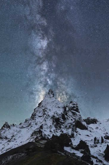 A spectacular view of the Milky Way illuminating the night sky over snow-covered peaks in Iceland, showcasing the grandeur of northern nights and celestial wonders