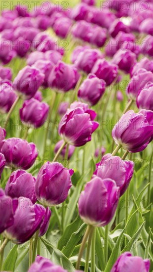 A lush field of vibrant pink tulips in full bloom, swaying gently under the warm sunlight. The tulips create a vivid and colorful display of natural beauty and freshness