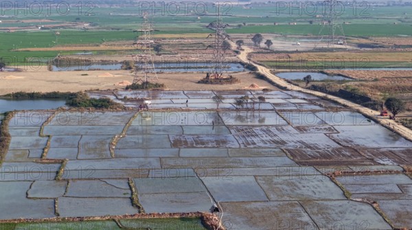 In an aerial view, cultivated rice paddy fields stand on display on February 16, 2026 in Mayong, India
