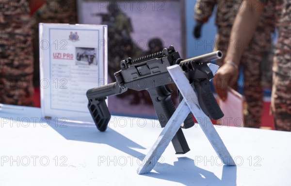 An Uzi Pro submachine gun is displayed during a weapon exhibition by the Central Reserve Police Force at the 87th Raising Day celebrations, on February 19, 2026 in Guwahati, India