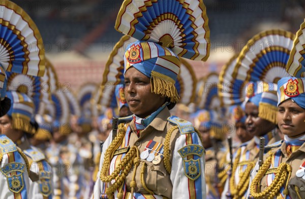 Central Reserve Police Force (CRPF) personnel wearing ceremonial headgear stand in formation during a parade held as part of the 87th Raising Day celebrations, on February 19, 2026 in Guwahati, India