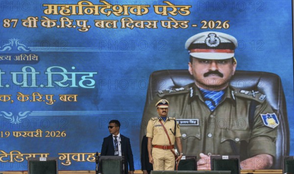 Gyanendra Pratap Singh, Director General (DG) of the Central Reserve Police Force (CRPF) stands on stage during the 87th Raising Day celebrations, on February 19, 2026 in Guwahati, India