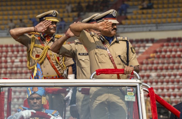 Gyanendra Pratap Singh, Director General (DG) of the Central Reserve Police Force (CRPF) inspects the parade during the 87th Raising Day celebrations, on February 19, 2026 in Guwahati, India