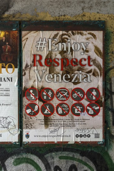 Poster with pictograms for bans in Venice, Veneto, Italy
