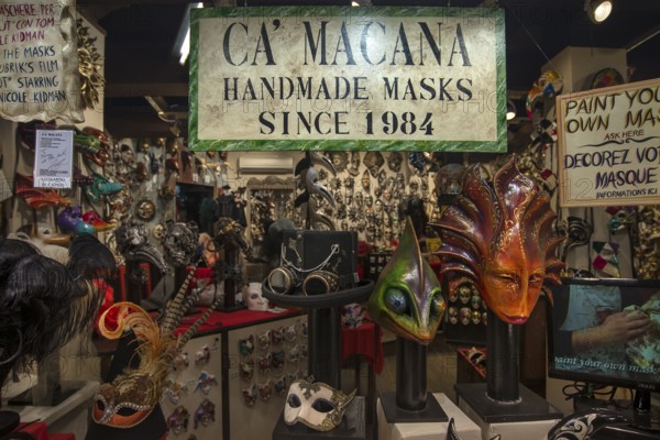 Shop window with handmade carnival masks, Venice, Veneto, Italy