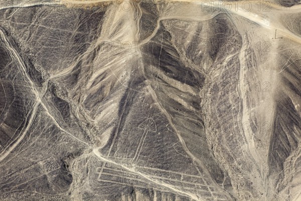 Lines and geometric patterns of the Nazca culture in the desert landscape, The geoglyphs and drawings in the desert near Nasca and Palpa in Peru