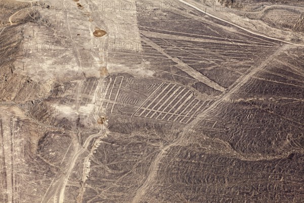 Nazca geoglyphs are visible on the dry surface landscape of the desert, the geoglyphs and drawings in the desert near Nasca and Palpa in Peru
